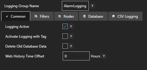 Configure alarm logging common tab