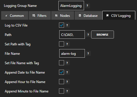 Configure alarm logging csv logging tab