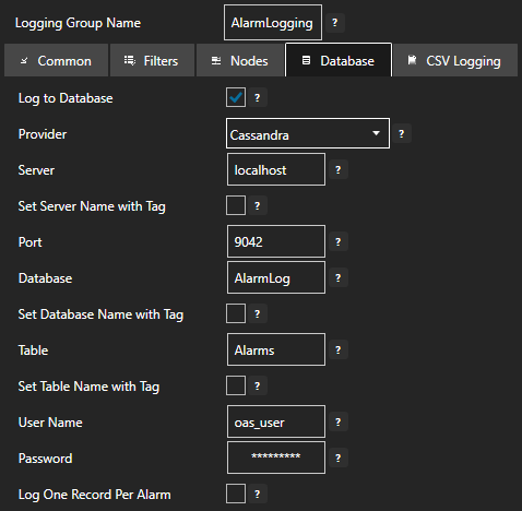 Configure alarm logging database tab
