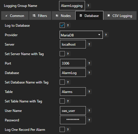 Configure alarm logging database tab