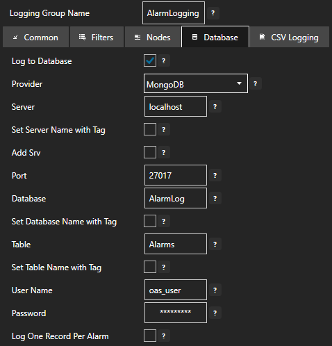 Configure alarm logging database tab