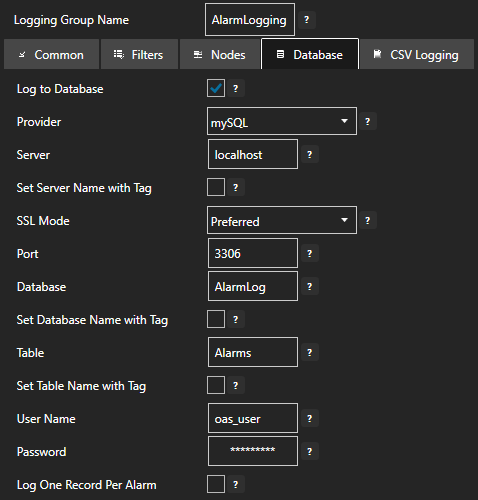 Configure alarm logging database tab