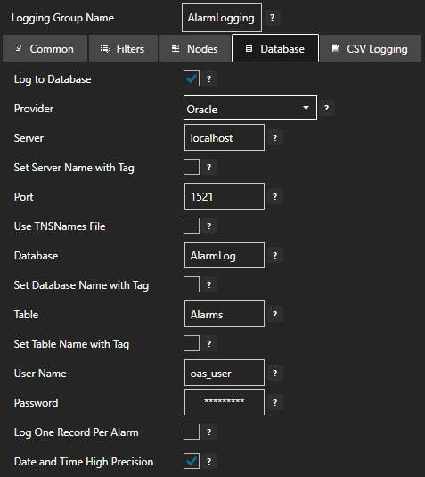 Configure alarm logging database tab