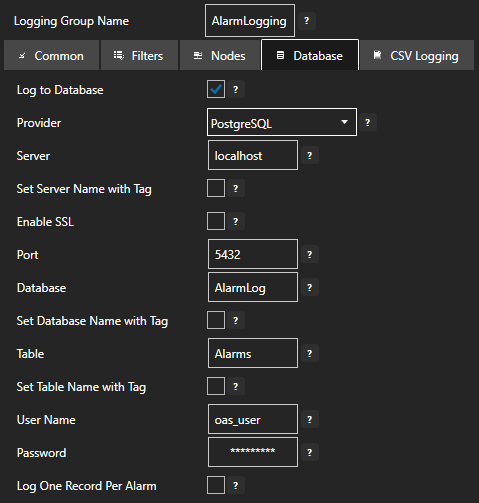 Configure alarm logging database tab