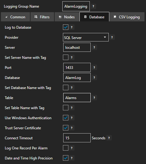 Configure alarm logging database tab