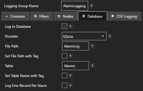 Configure alarm logging database tab