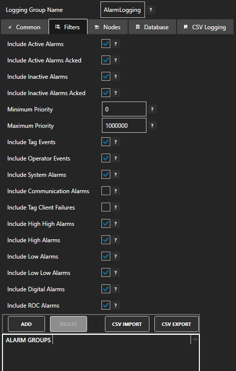 Configure alarm logging filters tab