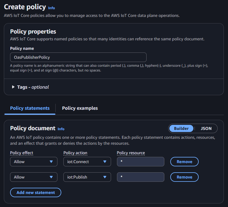 Create publisher thing policy
