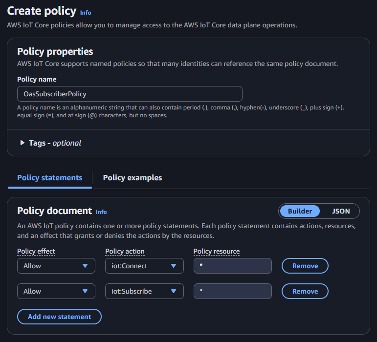 Create subscriber thing policy
