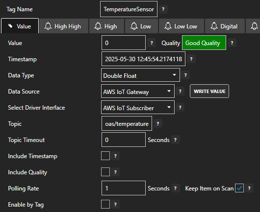 AWS IoT subscriber tag configuration
