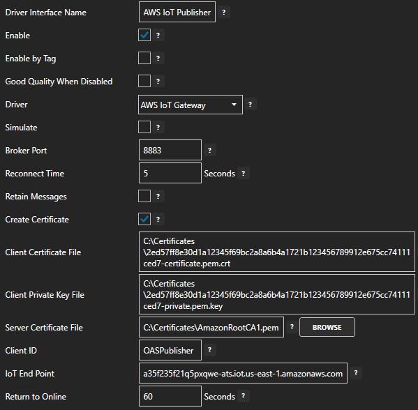 AWS IoT Gateway publisher connection configuration