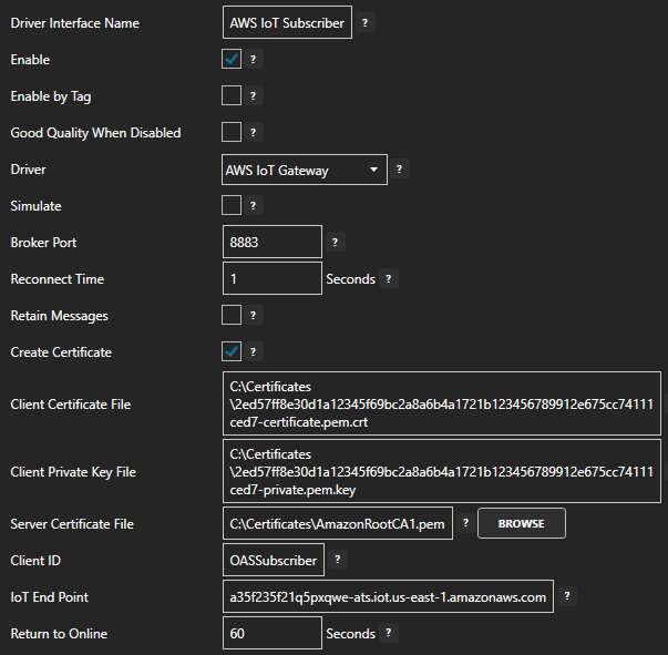 AWS IoT Gateway publisher connection configuration
