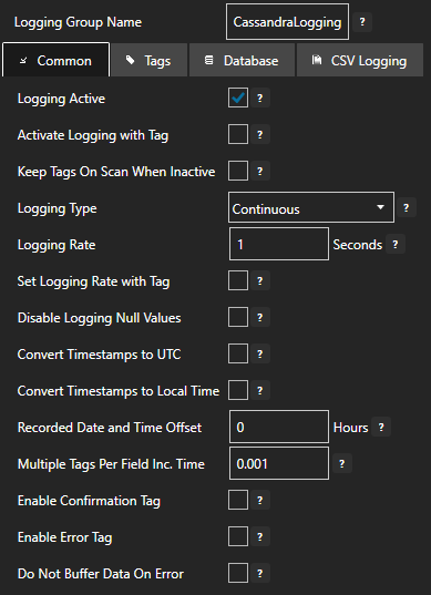 Configure data logging common tab