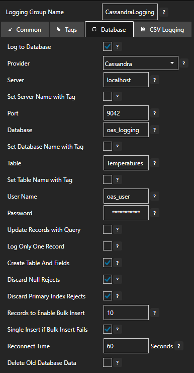 Configure data logging database tab