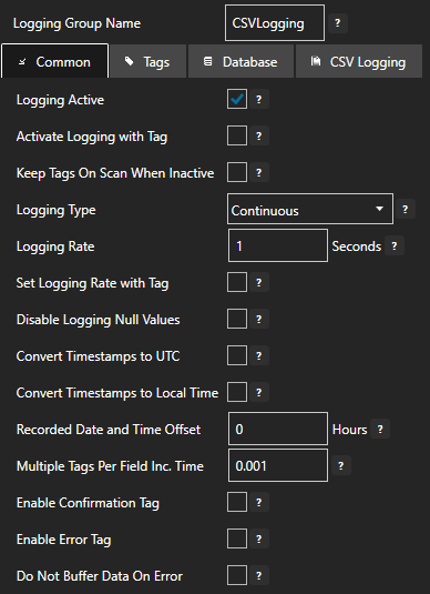 Configure data logging common tab