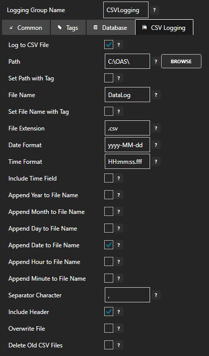 Configure data logging files tab