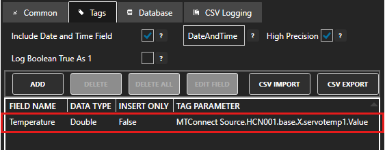 Configure data logging tags tab