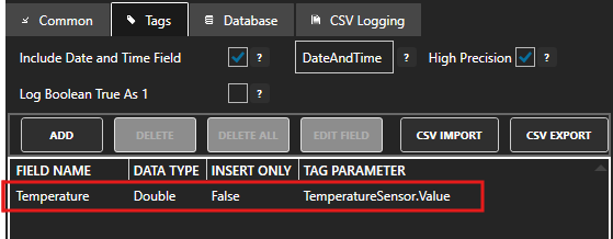 Configure data logging tags tab