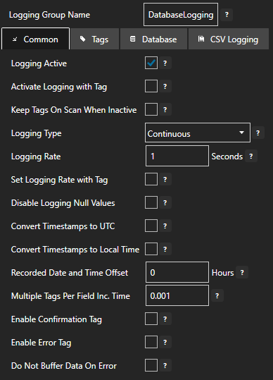 Configure data logging common tab