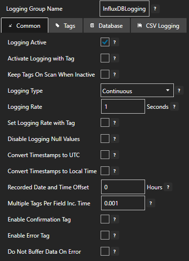 Configure data logging common tab