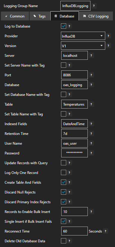 Configure data logging database tab