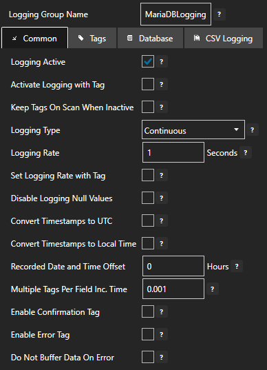 Configure data logging common tab