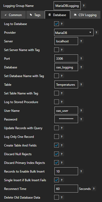 Configure data logging database tab