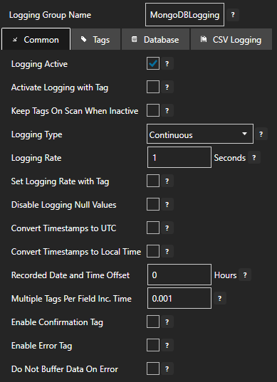 Configure data logging common tab