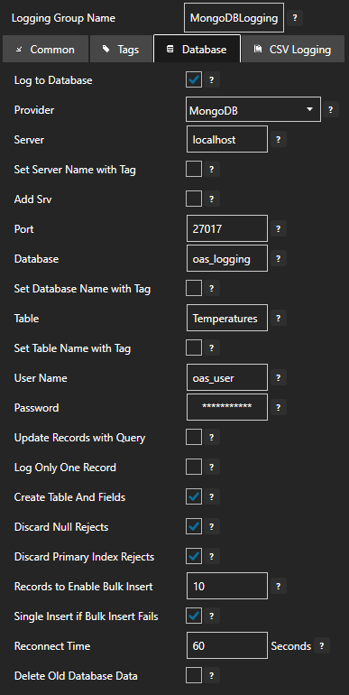 Configure data logging database tab