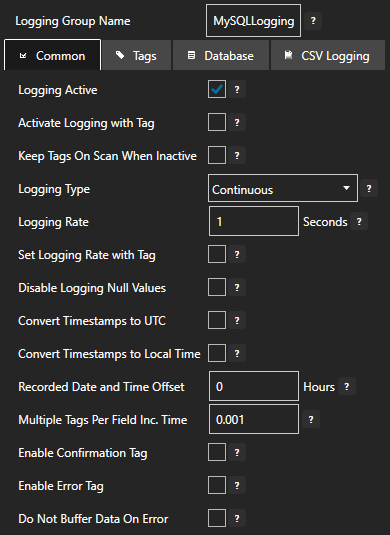 Configure data logging common tab