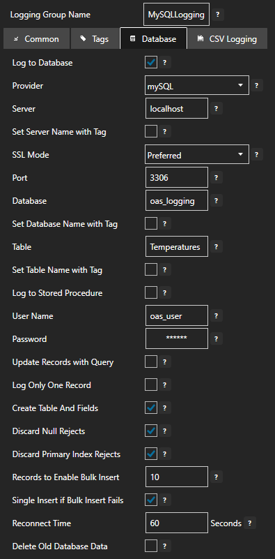 Configure data logging database tab