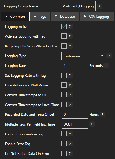 Configure data logging common tab