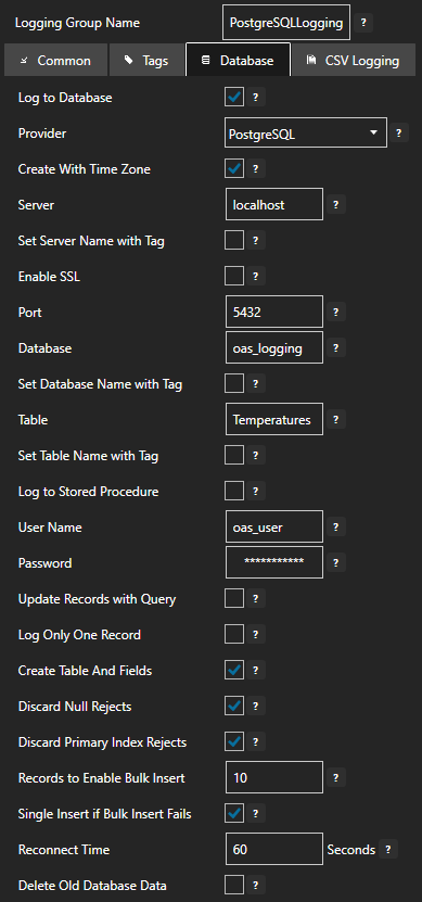 Configure data logging database tab