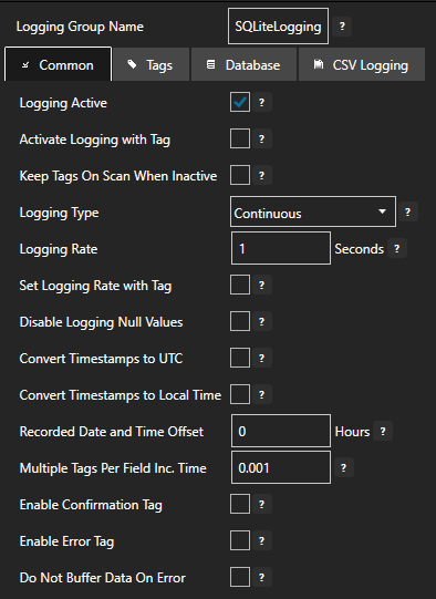 Configure data logging common tab