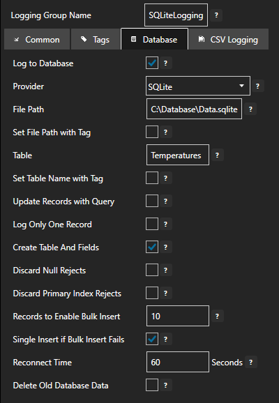 Configure data logging database tab