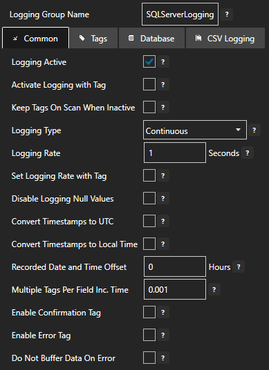 Configure data logging common tab