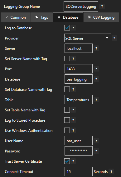 Configure data logging database tab