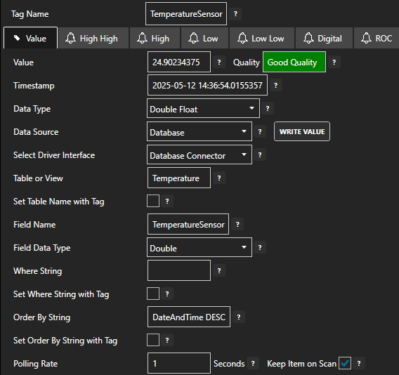 Database Tag configuration