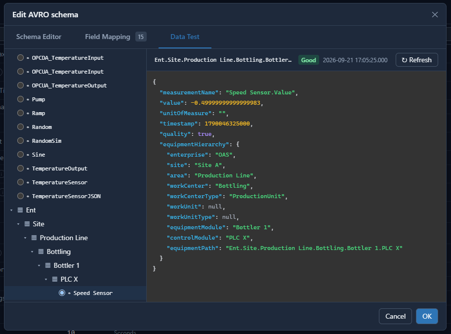 Edit AVRO schema - the Data Test tab