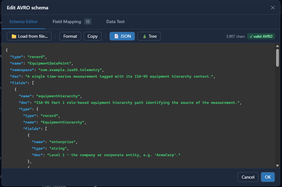 Edit AVRO schema - the Schema Editor tab