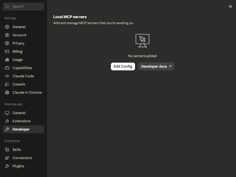 Claude Desktop Developer Settings