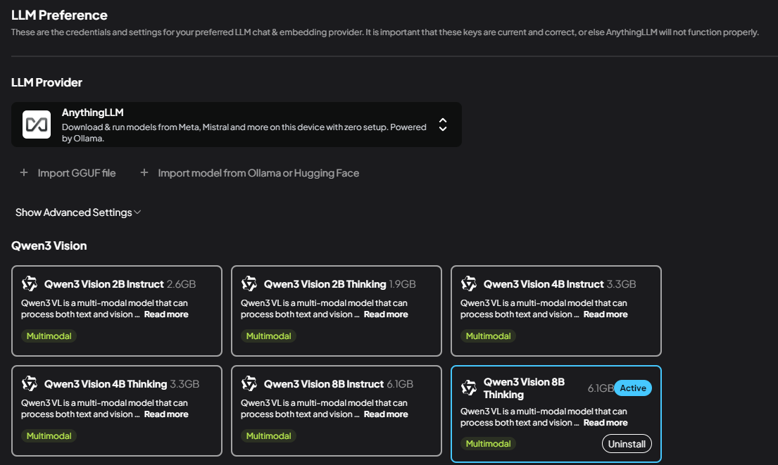 AnythingLLM Models interface
