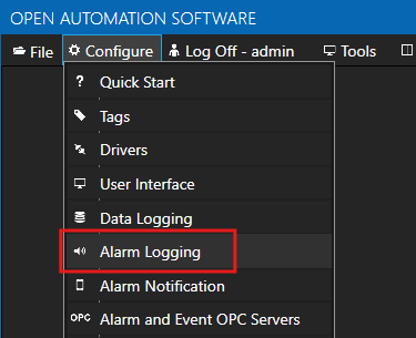 Configure alarm logging menu