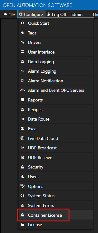Configure container license menu