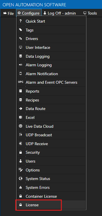 Configure License menu item