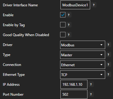 Modbus connection configuration