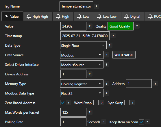 Modbus tag configuration