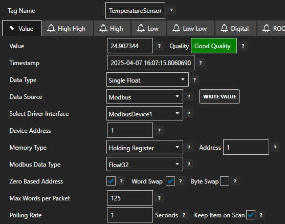 Modbus tag configuration