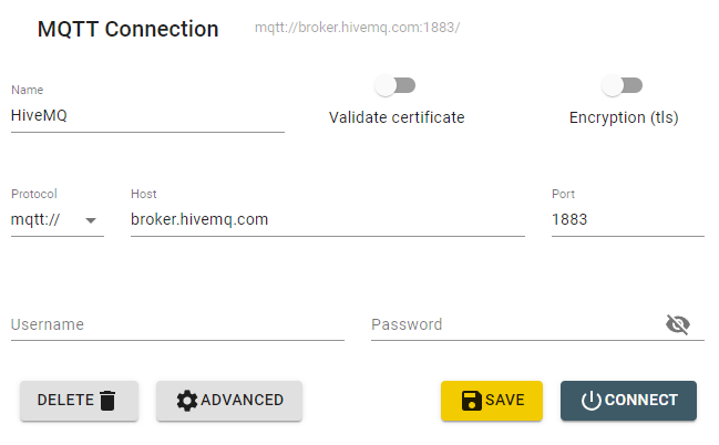 MQTT Explorer HiveMQ connection