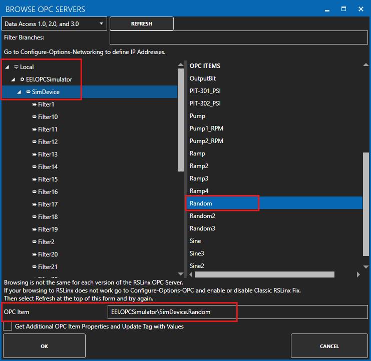 Browse OPC Servers window